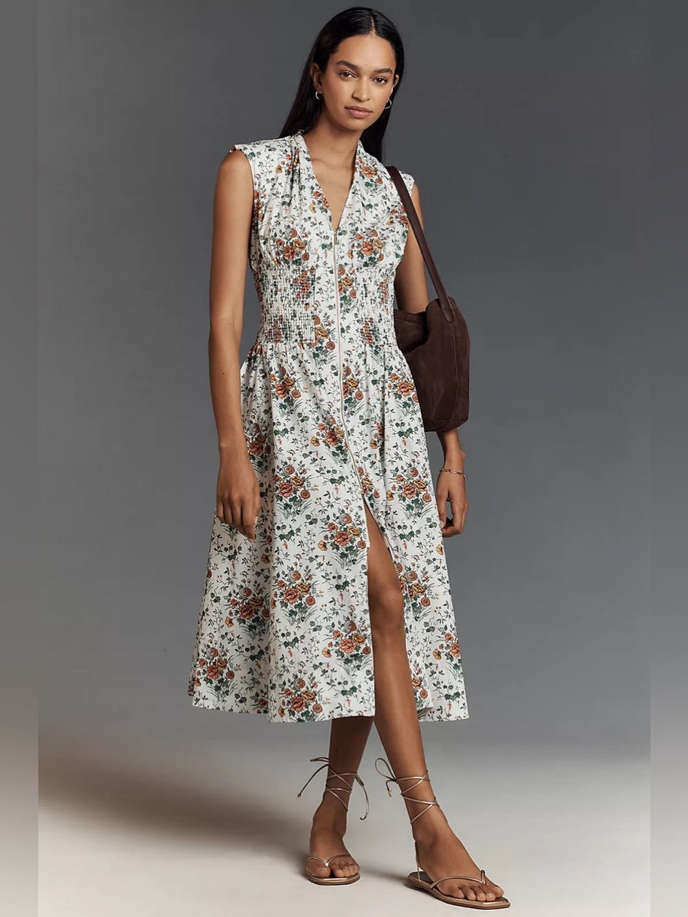 Anthropologie The Tommie Cap-Sleeve Smocked Front-Zip Midi Shirt Dress Sz M